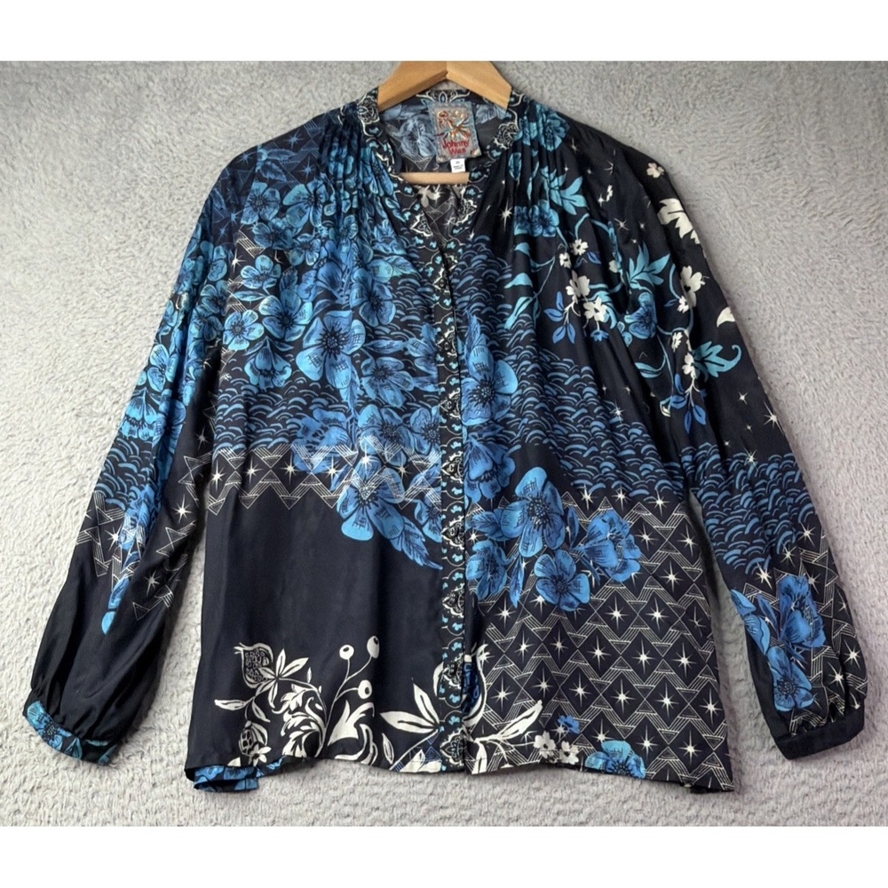 Johnny Was Top Blouse Womens XS Phoenix Tate Silk Blue Floral Bird Long Sleeve